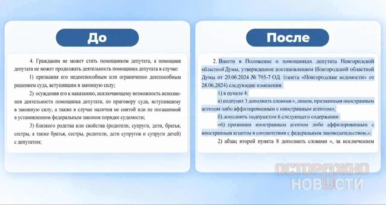 В Новгородской области членам семей иноагентов запретили работать помощниками депутатов.