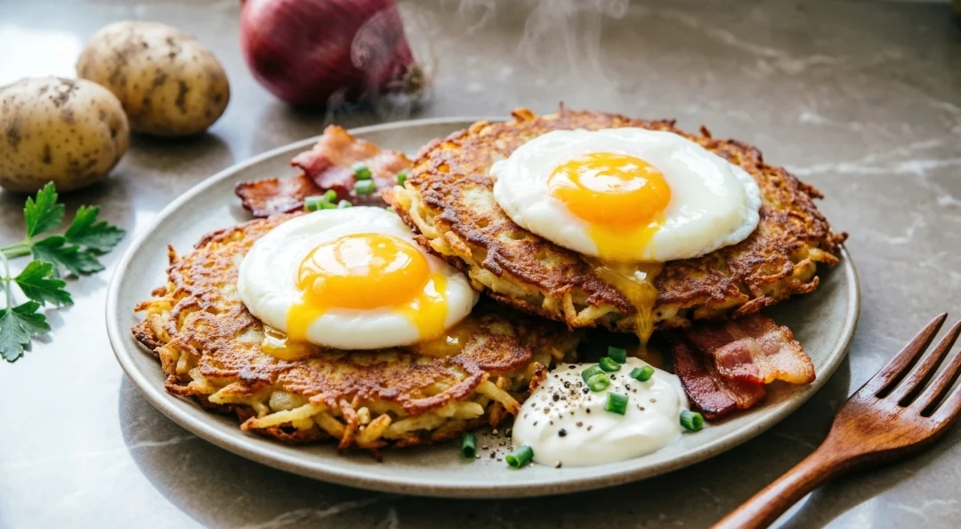 🥔 ХРУСТЯЩИЕ ДРАНИКИ С ЯЙЦОМ ПАШОТ — 55₽/порция