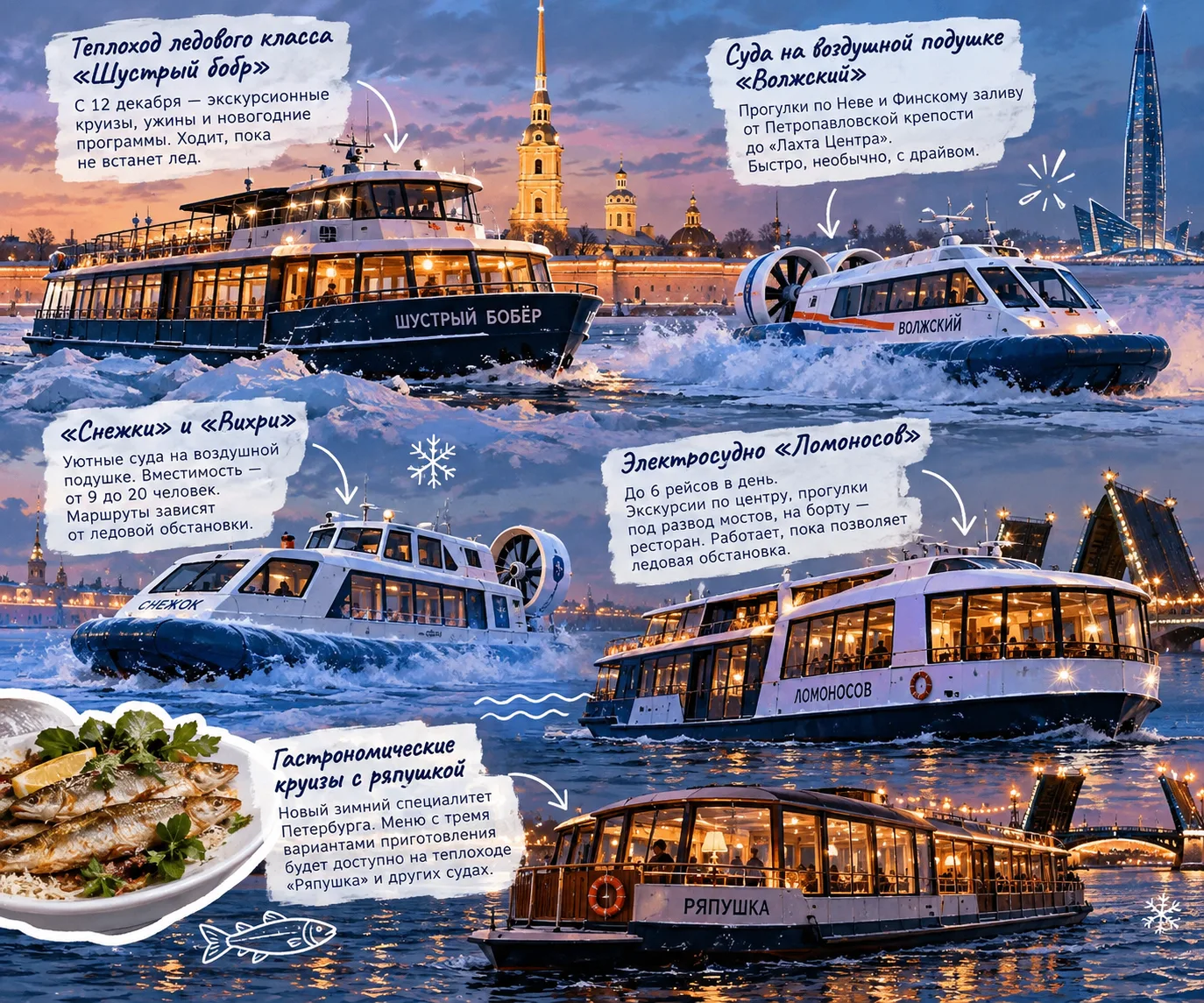 🚢 Продолжат катать туристов по Неве даже зимой — с ужинами и видом на ледяной город