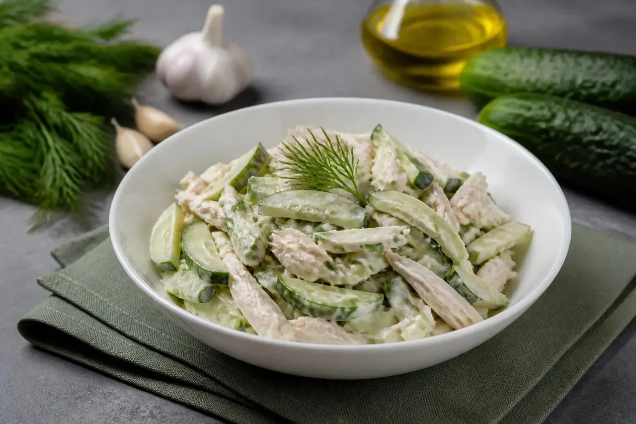 Салат «Минутка» с курицей, огурцами и чесночным соусом — быстрый и вкусный вариант для ...