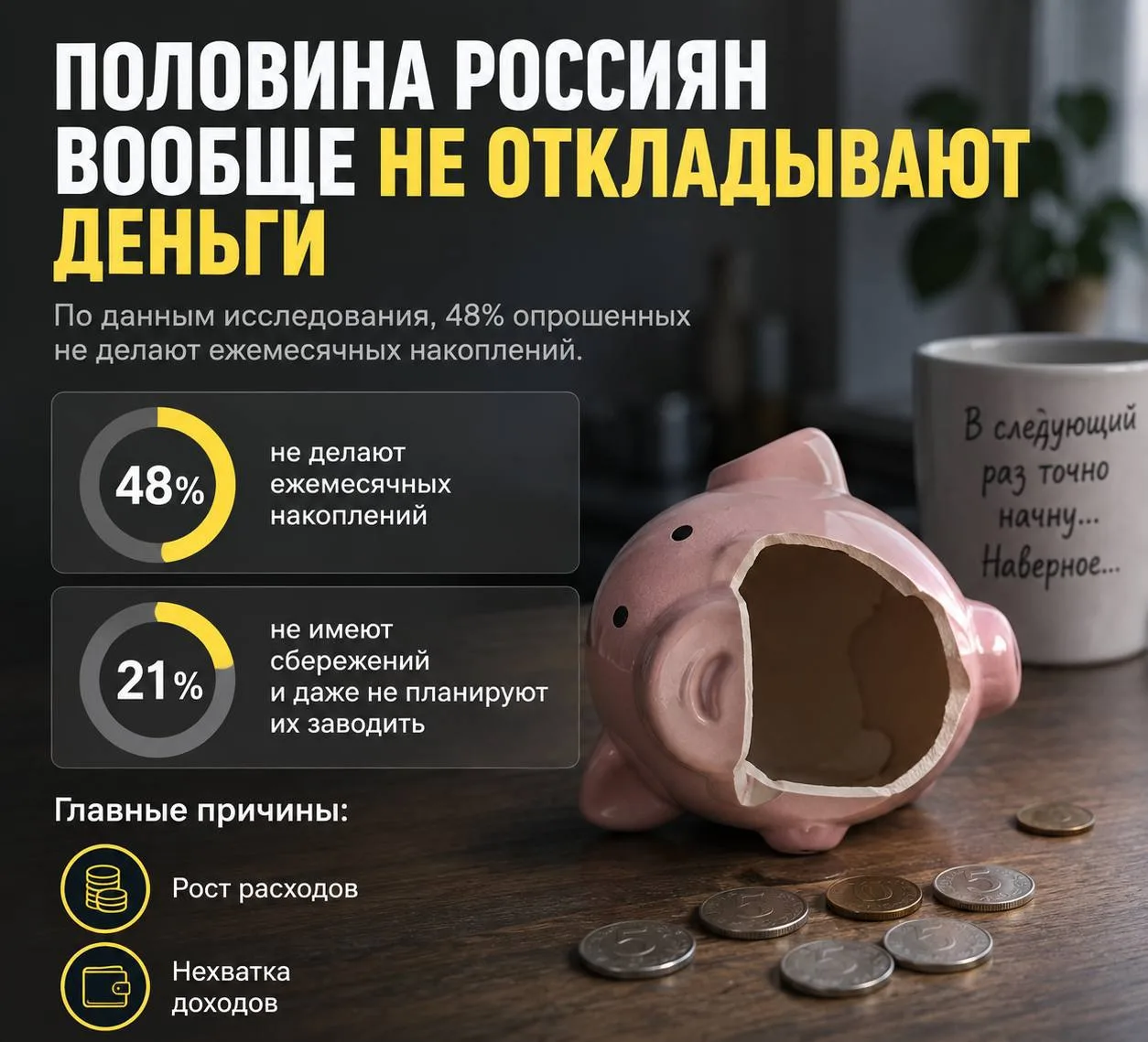 💵 Почти половина россиян не откладывают деньги каждый месяц.