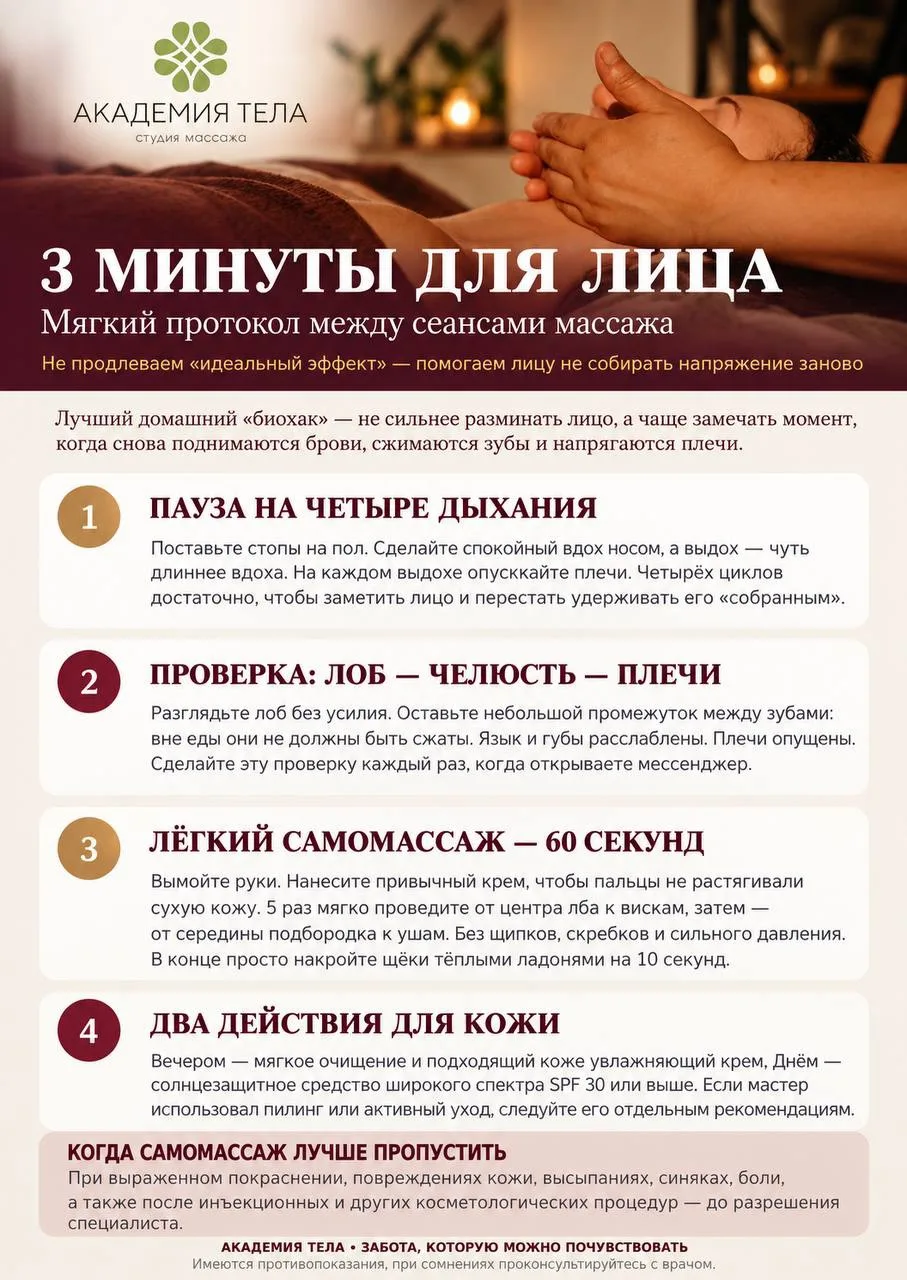 Чтобы дольше сохранить расслабление после массажа лица, не нужно массировать лицо сильнее.