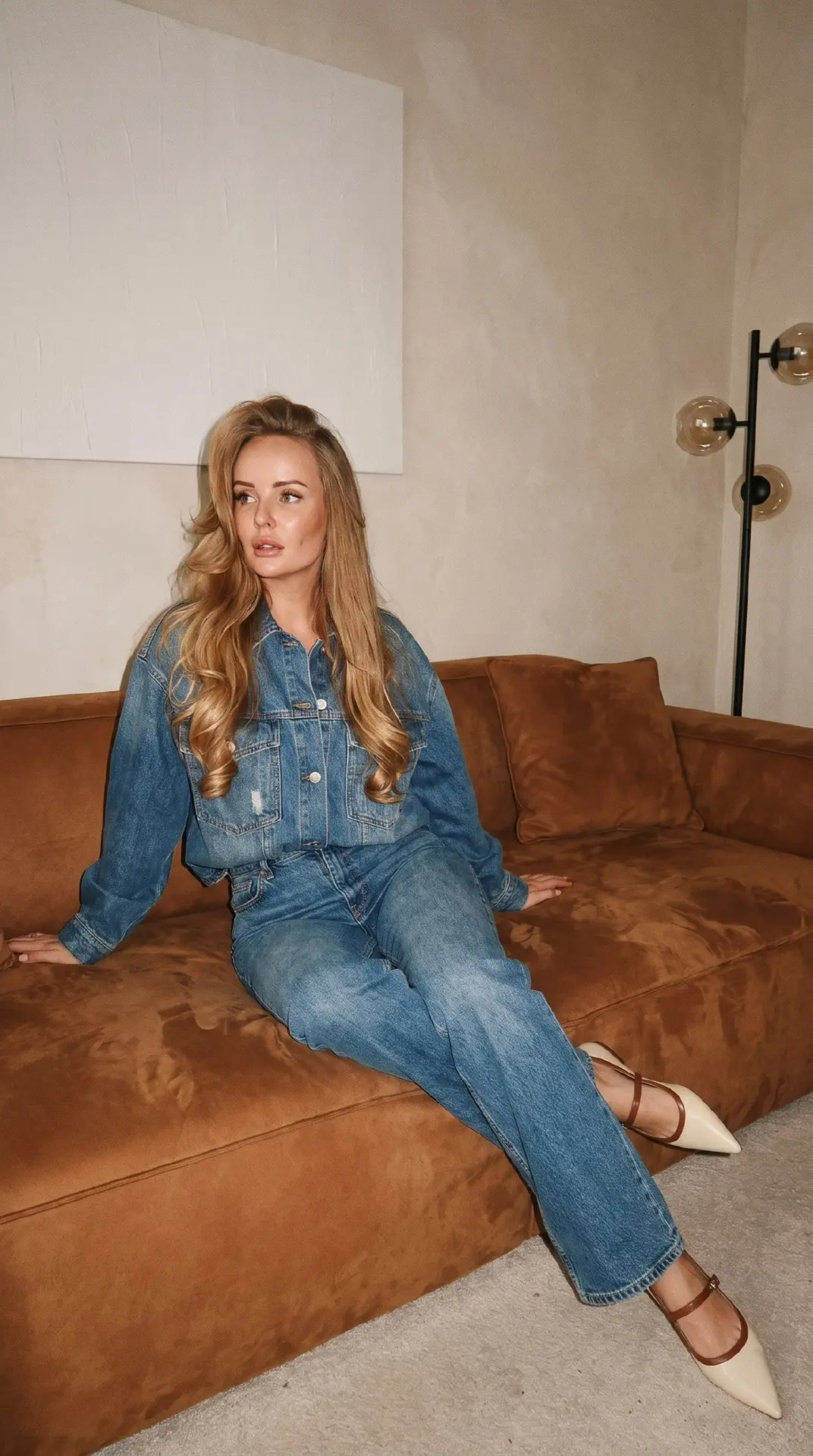 ultra realistic vintage 35mm film photo, candid 90s fashion editorial, denim-on-denim, ...