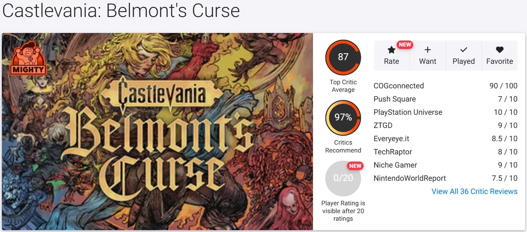 Castlevania: Belmont's Curse получила высокую оценку критиков — 87 из 100 на OpenCritic.