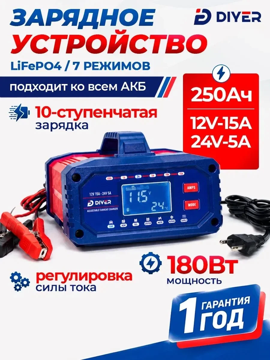 Зарядное устройство для аккумуляторов автомобиля и мотоцикла 12-24 В. на OZON