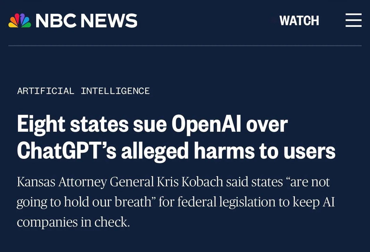 ⚡️ Восемь штатов США подали иск к OpenAI, обвинив в причинении вреда детям, — NBC News.