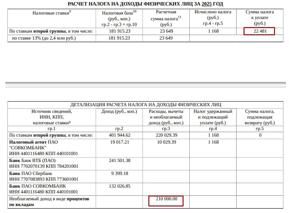 ❓Что же за такая сумма 210000₽, относящаяся к полученным процентам по вкладам за 2025 год?