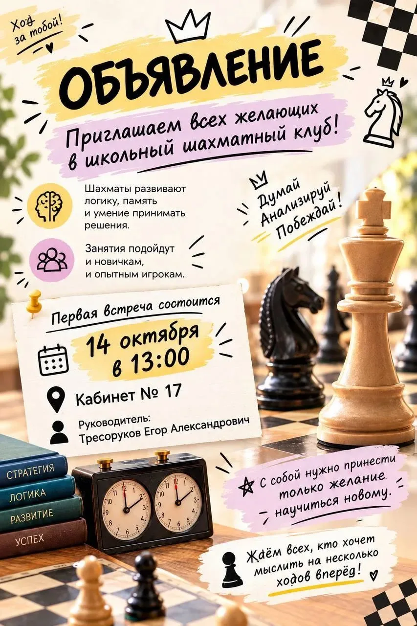 💫Отличная новость для всех✨: в нашей школе начинает работу шахматный клуб! Это прекрас...