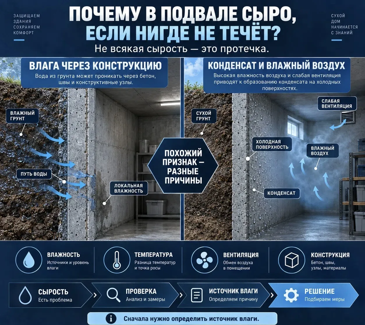 Иногда в подвале нет капель, луж и явных следов поступления воды, но воздух остаётся тя...