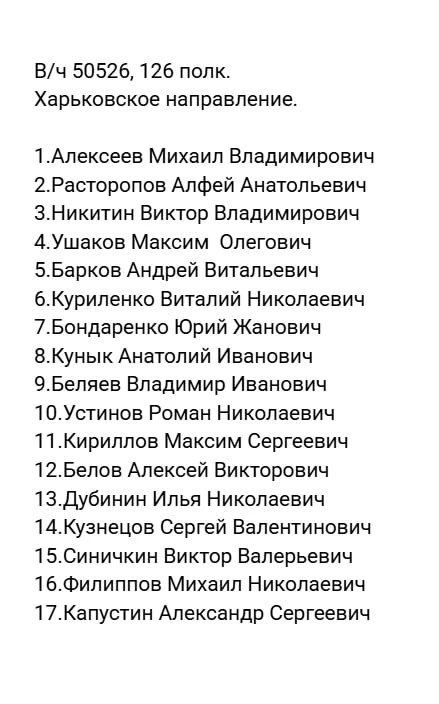 Список БП (в/ч 50526), 126 полк. Харьковское направление.