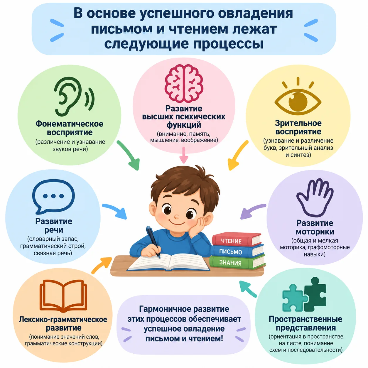 В основе успешного овладения письмом и чтением лежат следующие процессы: