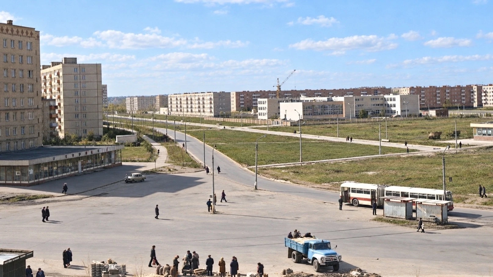 Подольск, вид на Юбилейную площадь и Юбилейную улицу, 1975 г. Слева магазин "Турист", п...