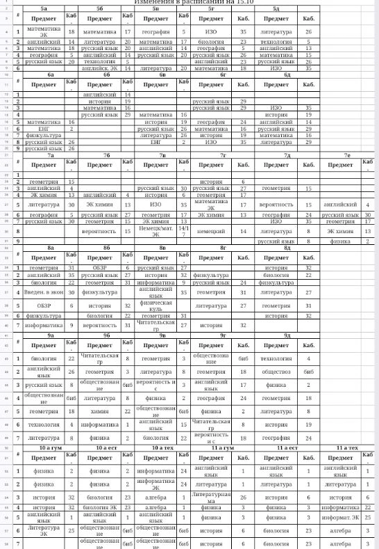 Изменения в расписании на 15.10