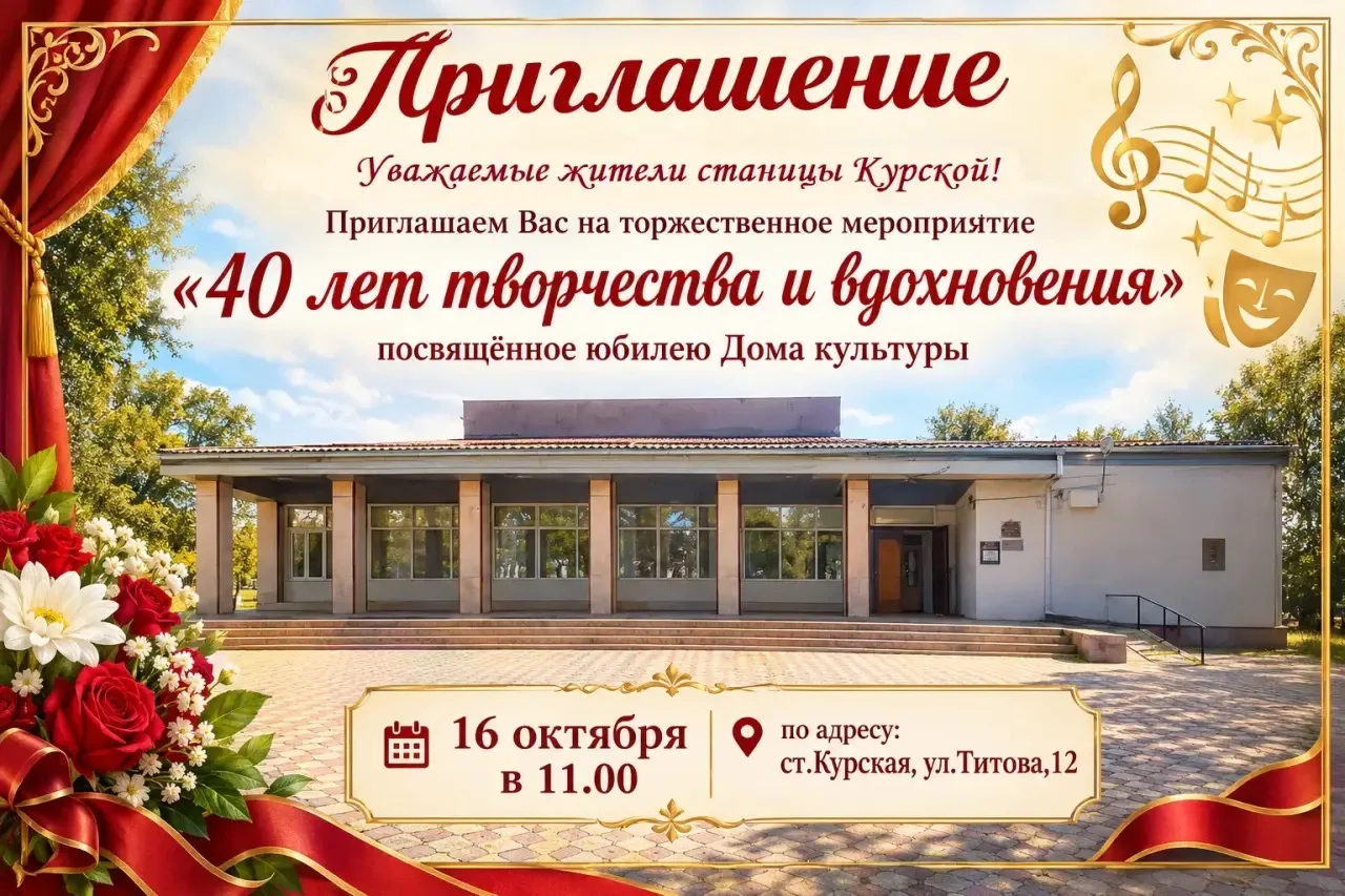 Дорогие жители станицы Курской! Приглашаем вас на торжественное мероприятие «40 лет тво...