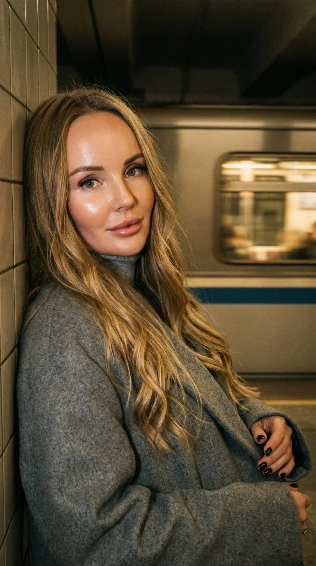 Экстремально крупный план по пояс Девушка облокотилась на стену в метро на фоне проезжа...