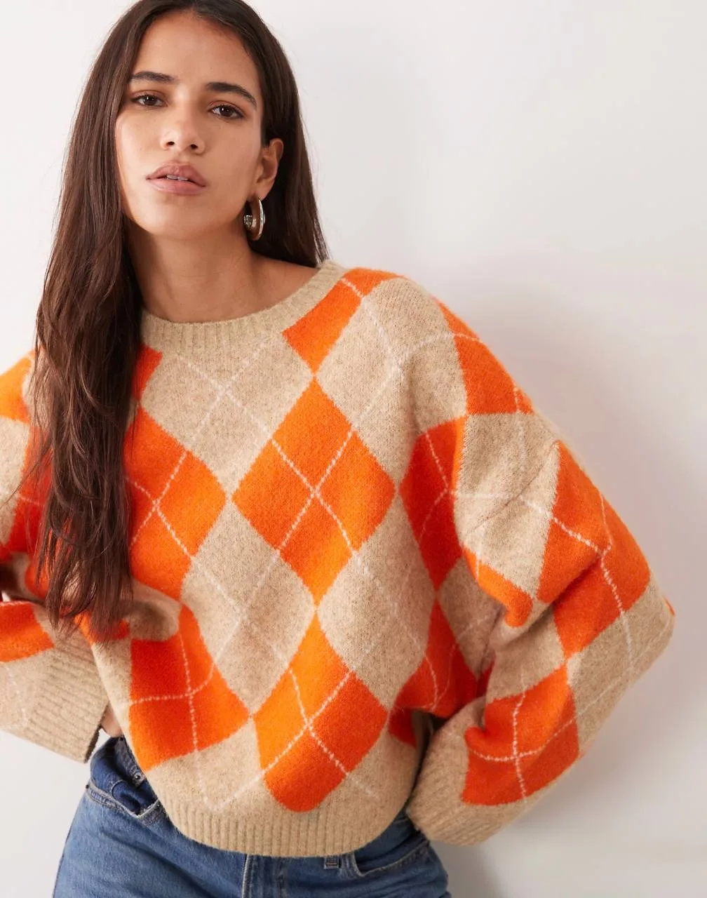💓ДИЗАЙНЕРСКИЙ свитер ASOS с круглым вырезом из аргайла верблюжьего и оранжевого цветов