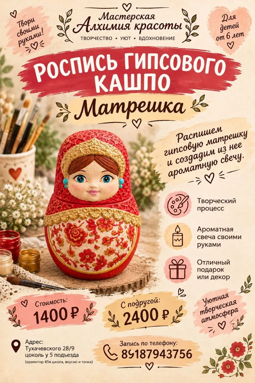 🎨 Роспись гипсового кашпо «Матрёшка» + создание ароматной свечи 🕯️