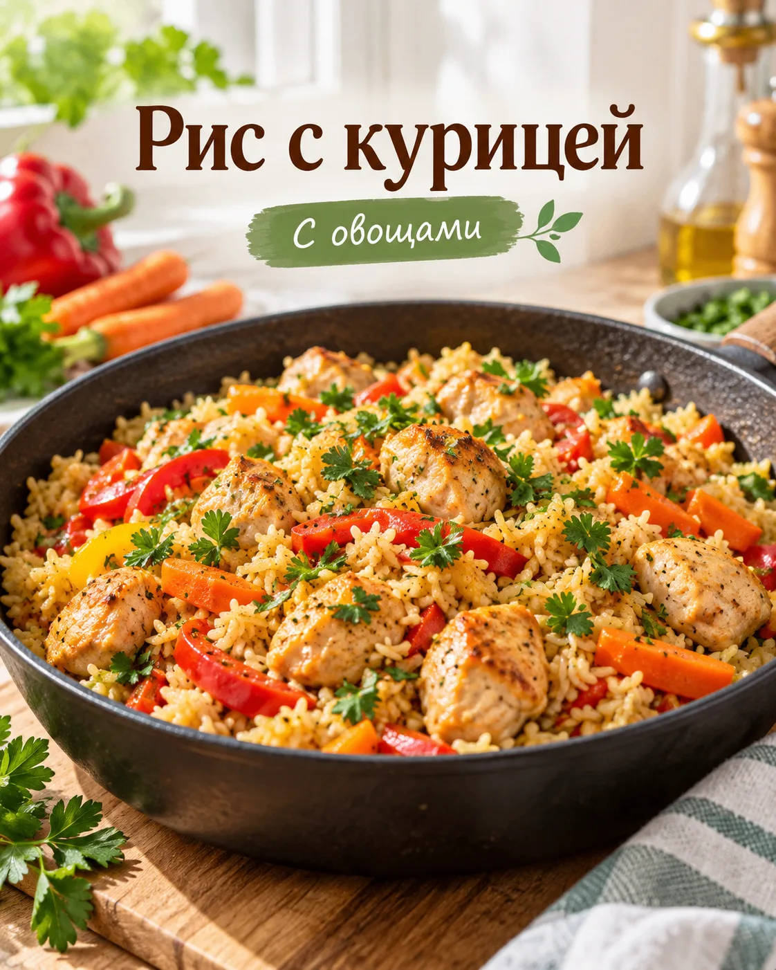 Рис с курицей и овощами на одной сковороде