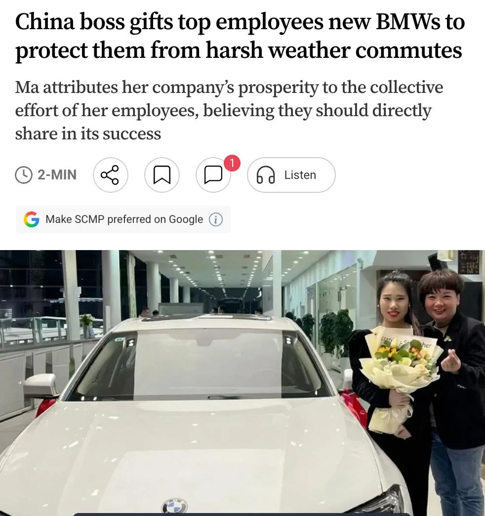 Начальница из Китая подарила своим сотрудницам новые BMW, потому что ей надоело смотрет...