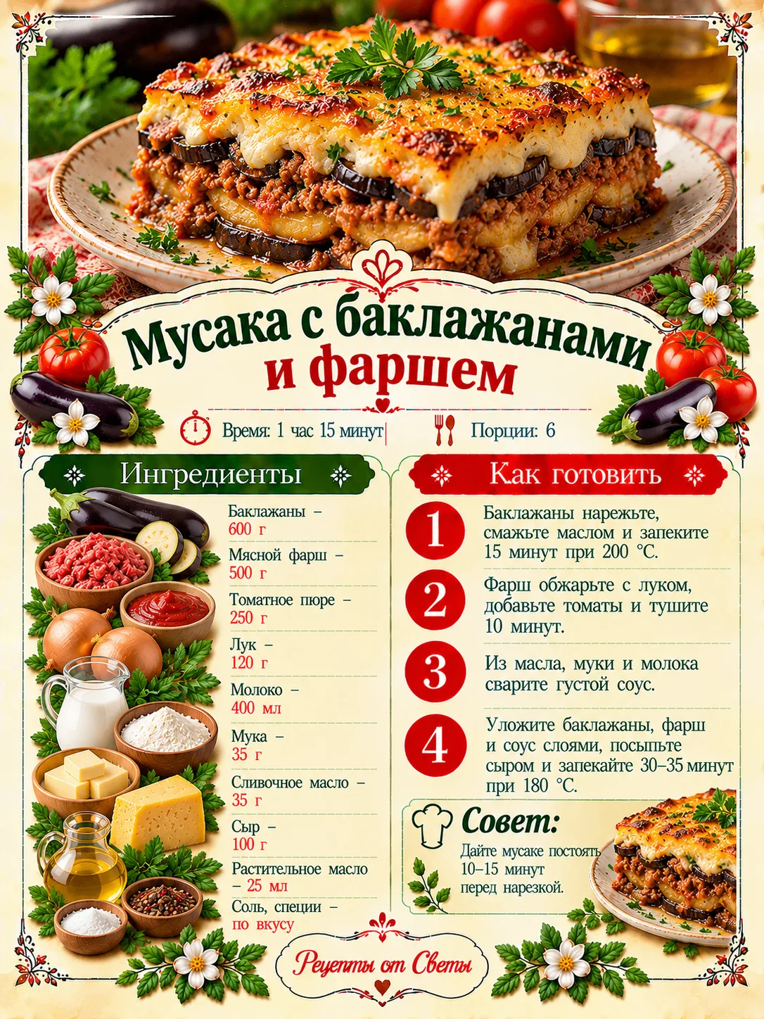 🍆 Мусака с баклажанами и фаршем под румяной корочкой, ради которой стоит немного задер...