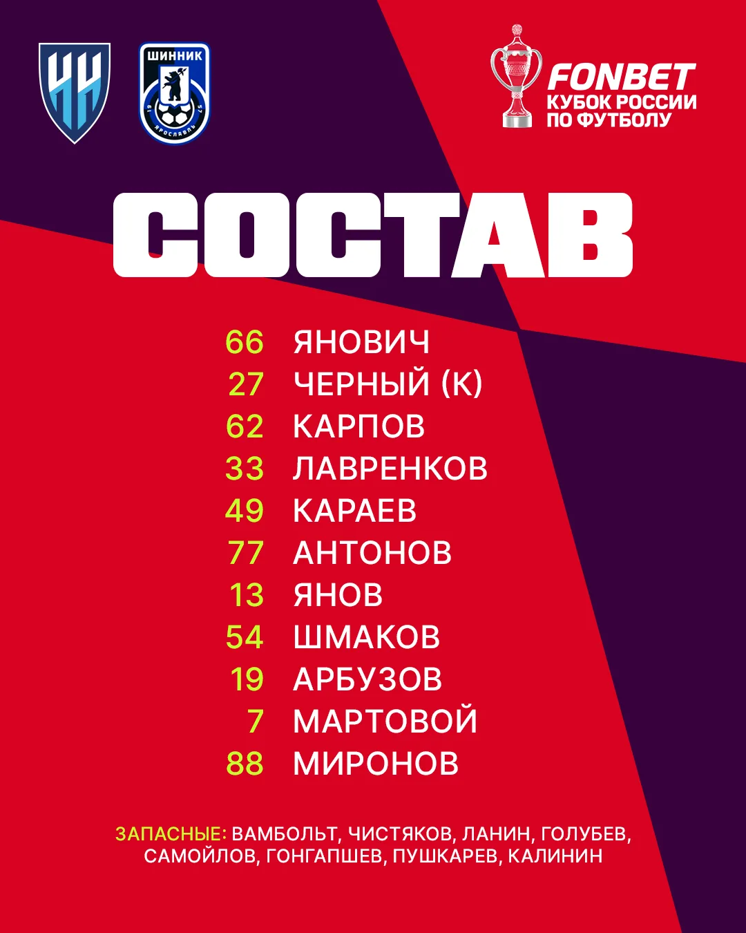 Наш состав на сегодняшнюю игру