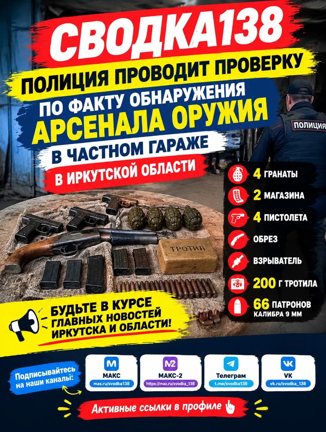 Полиция проводит проверку по факту обнаружения арсенала оружия в частном гараже в Иркут...