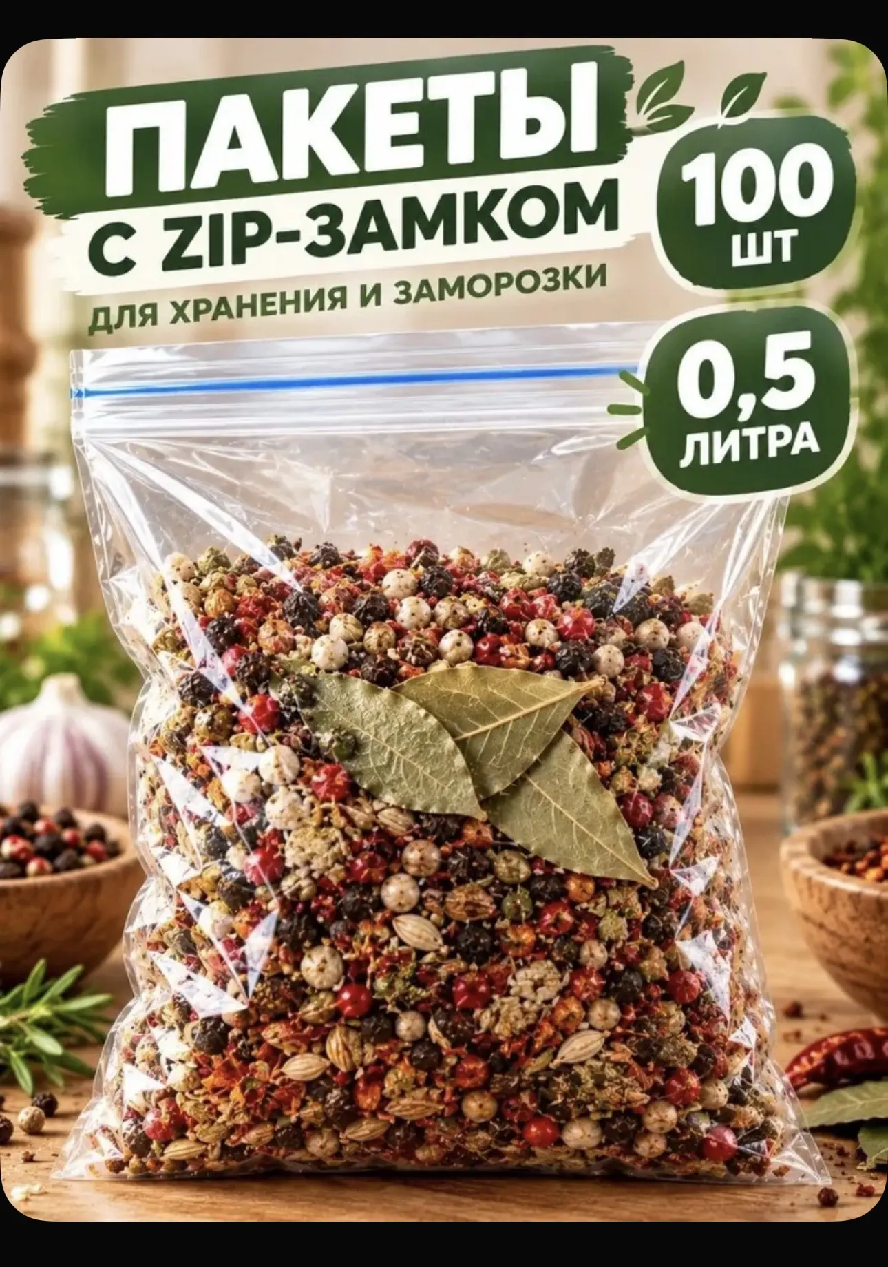 Пакеты для заморозки с зип-замком - 100 штук, объем 0,5 литра