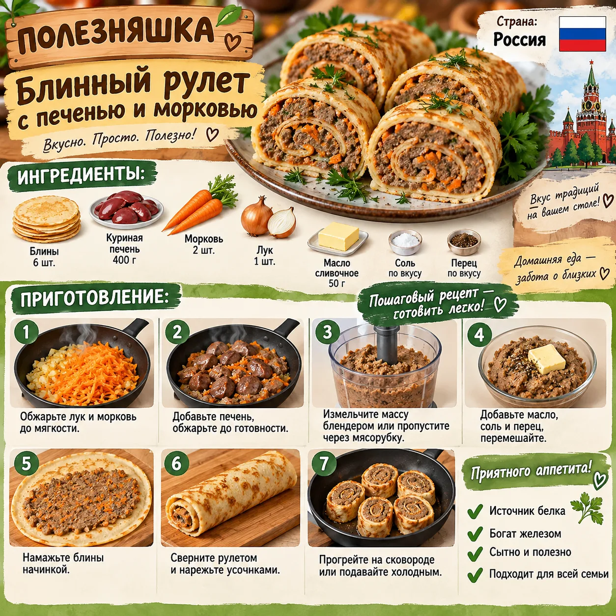 Блинный рулет с печенью и морковью Ингредиенты: блины 6 шт., куриная печень 400 г, морк...