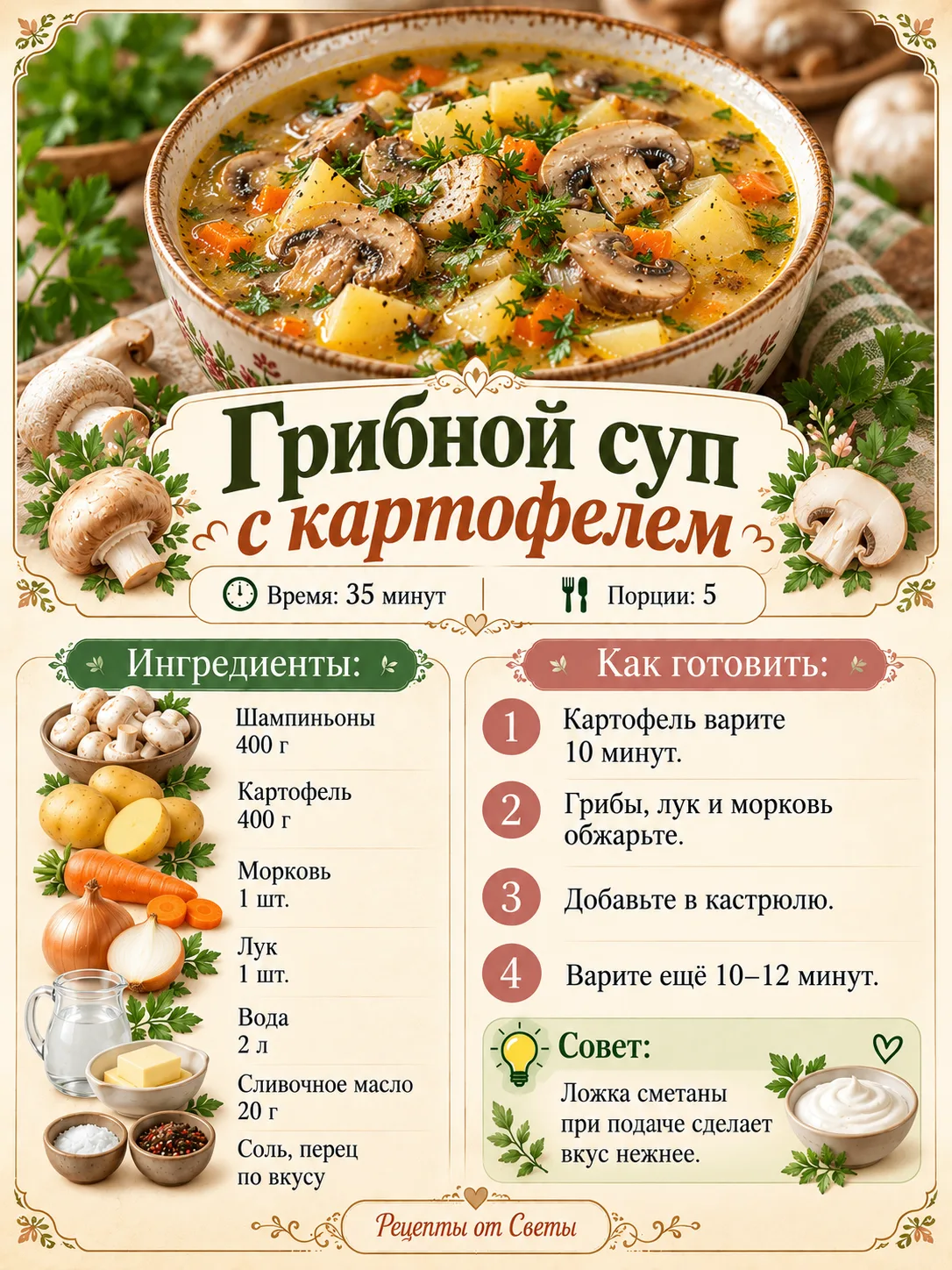 🍄 Ароматный грибной суп с картошечкой: наливайте погуще и подавайте с любимым хлебом!