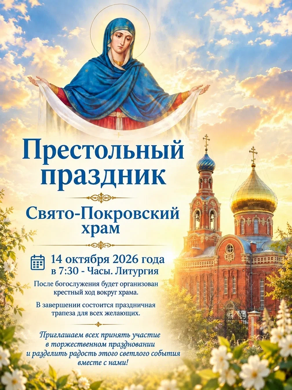️ В Свято‑Покровском храме Каменска 14 октября состоится престольный праздник