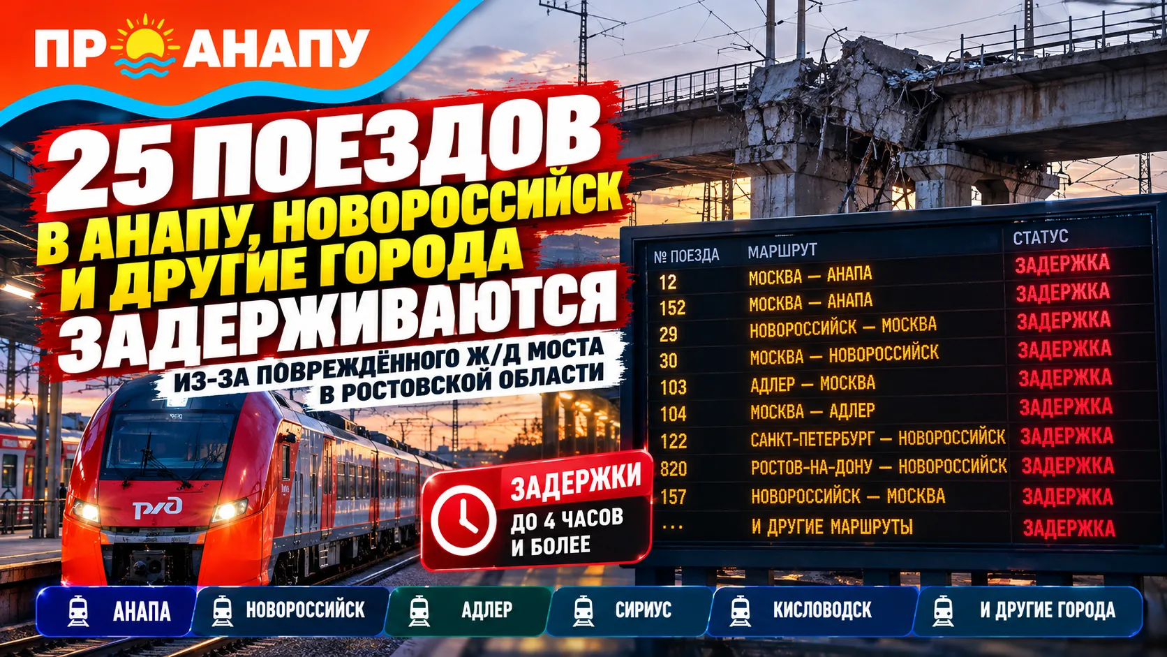 25 поездов на юг России задерживаются после повреждения железнодорожного моста