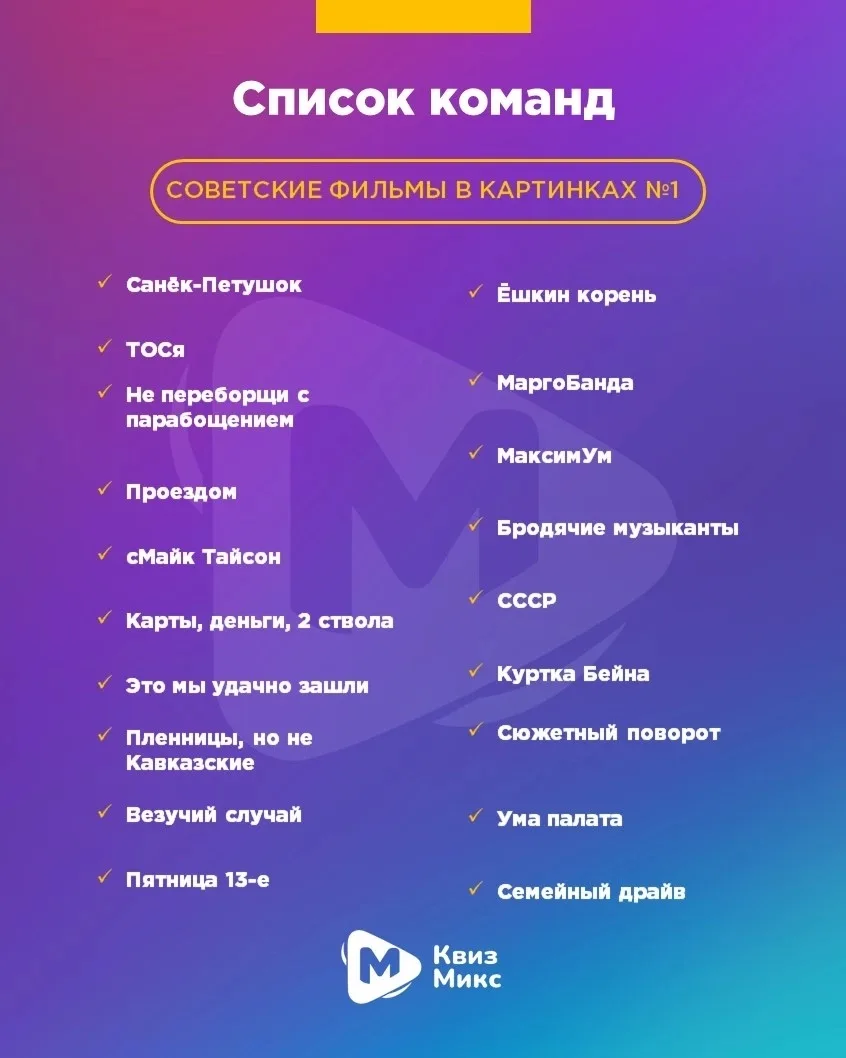 Публикуем список команд на квиз «Советские фильмы в картинках №1», который пройдет уже ...