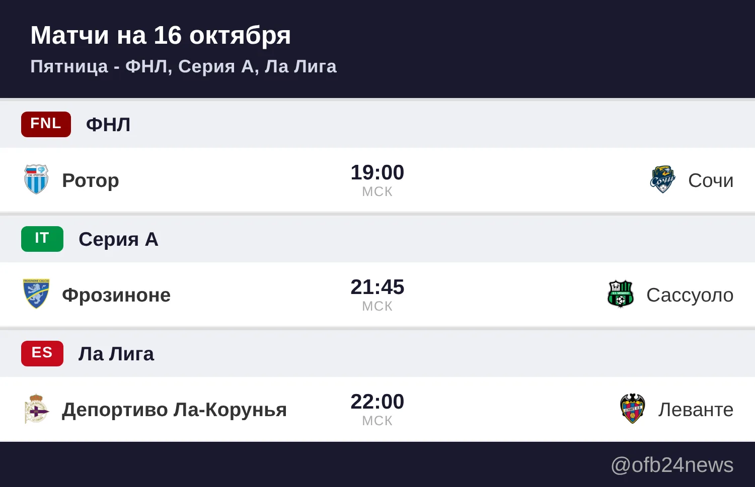 Матчи на 16 октября