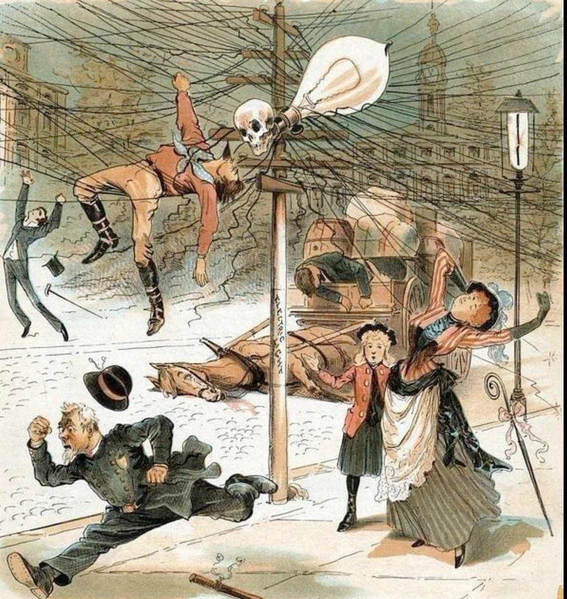 Пугающий плакат от американских противников электрификации, 1889 год.