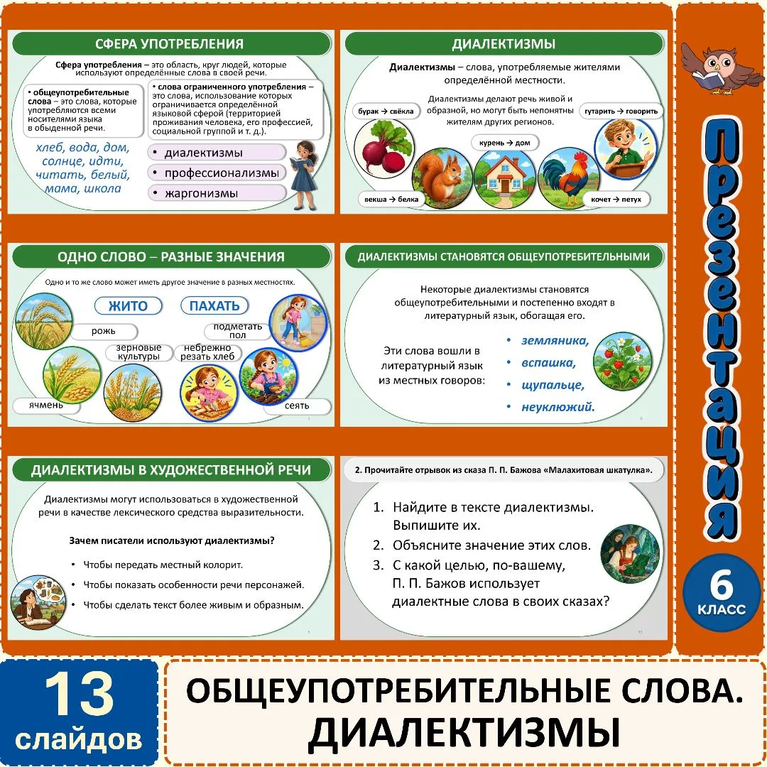Презентация по русскому языку «Общеупотребительные слова. Диалектизмы», 6 класс