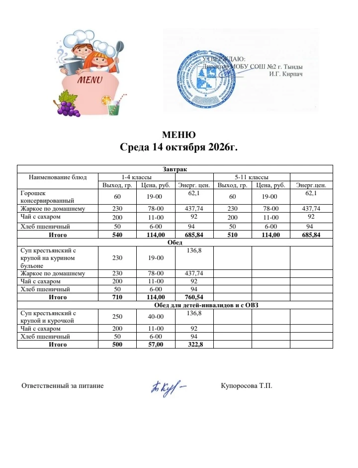 Школьное меню на 14 октября 🍽🍂🍁
