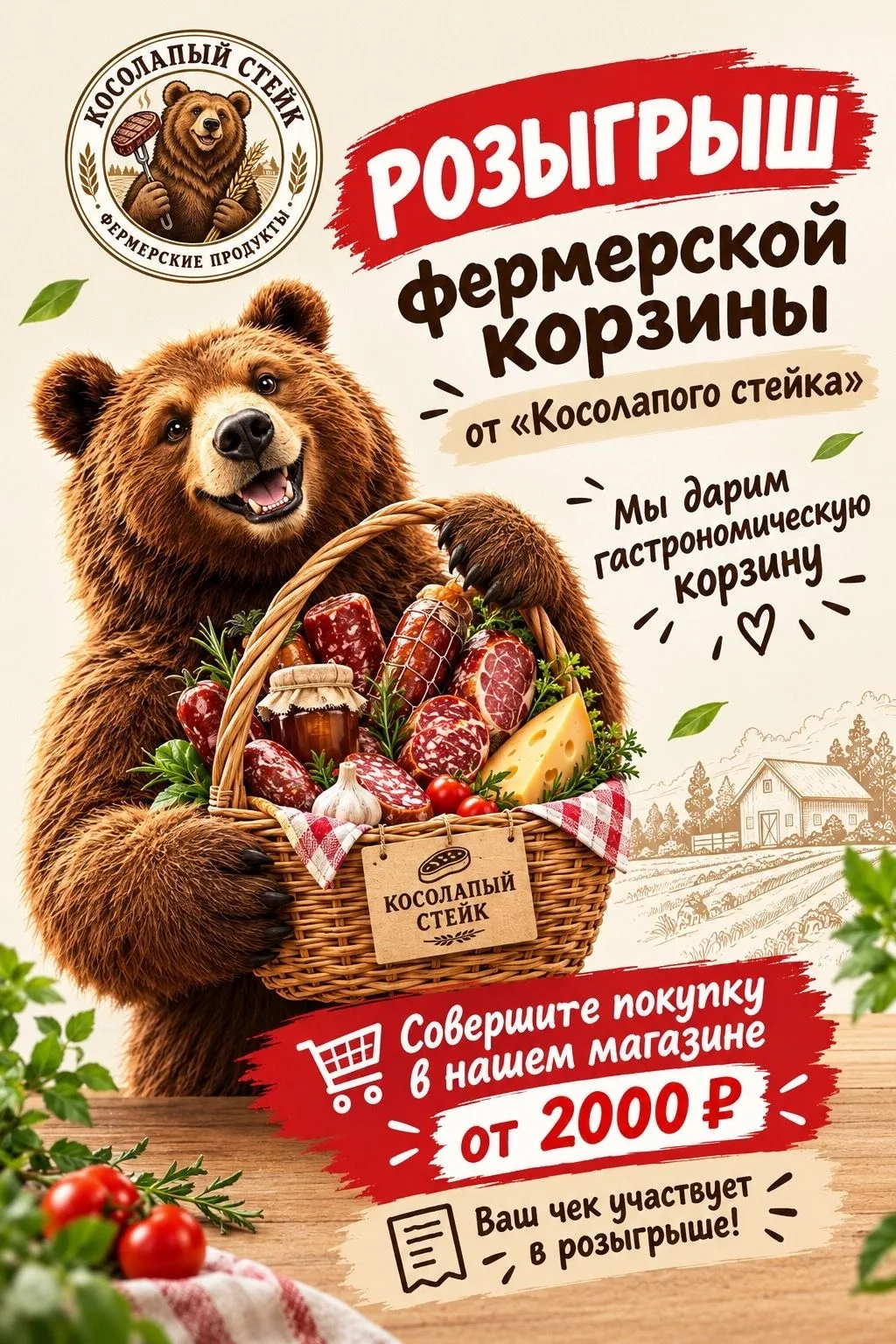 🎉 РОЗЫГРЫШ ФЕРМЕРСКОЙ КОРЗИНЫ ОТ «КОСОЛАПОГО СТЕЙКА» 🥩