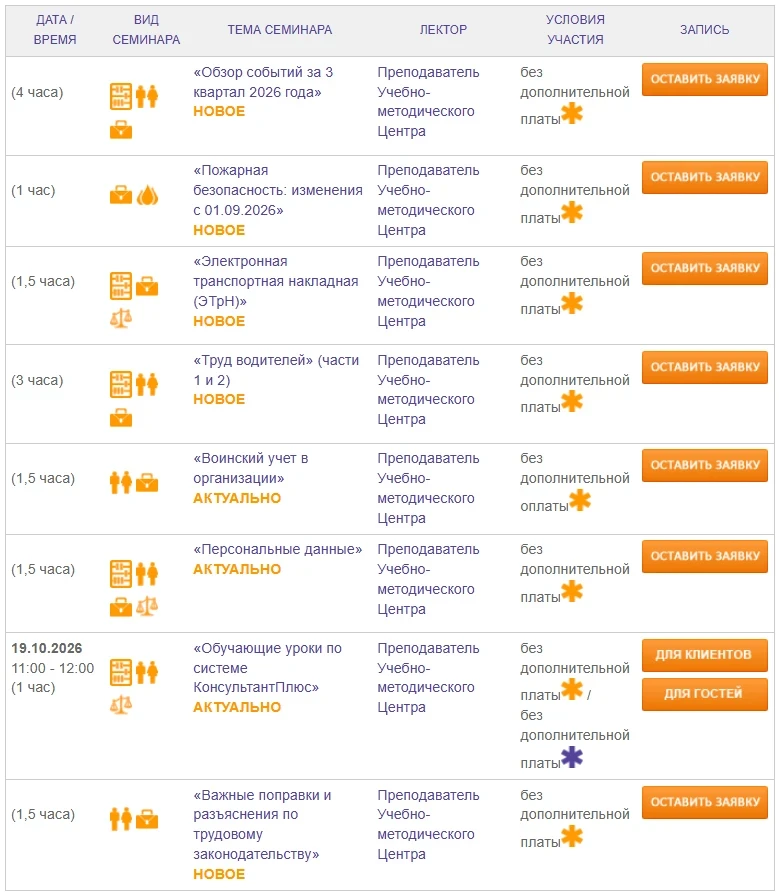 Расписание семинаров учебного центра