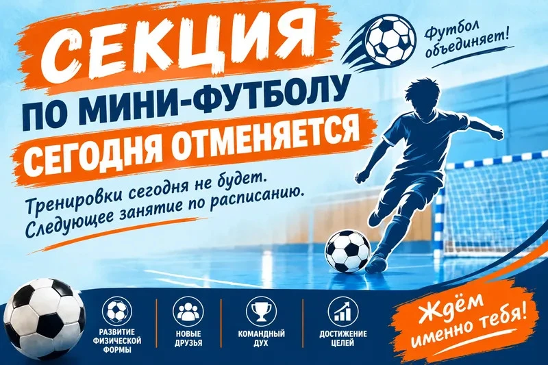 Уважаемые дети и родители! Сегодня тренировки по мини-футболу отменяются!