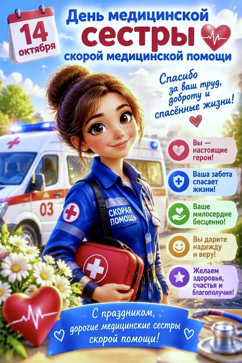 🎉 14 октября — День медицинской сестры скорой медицинской помощи! 🎉