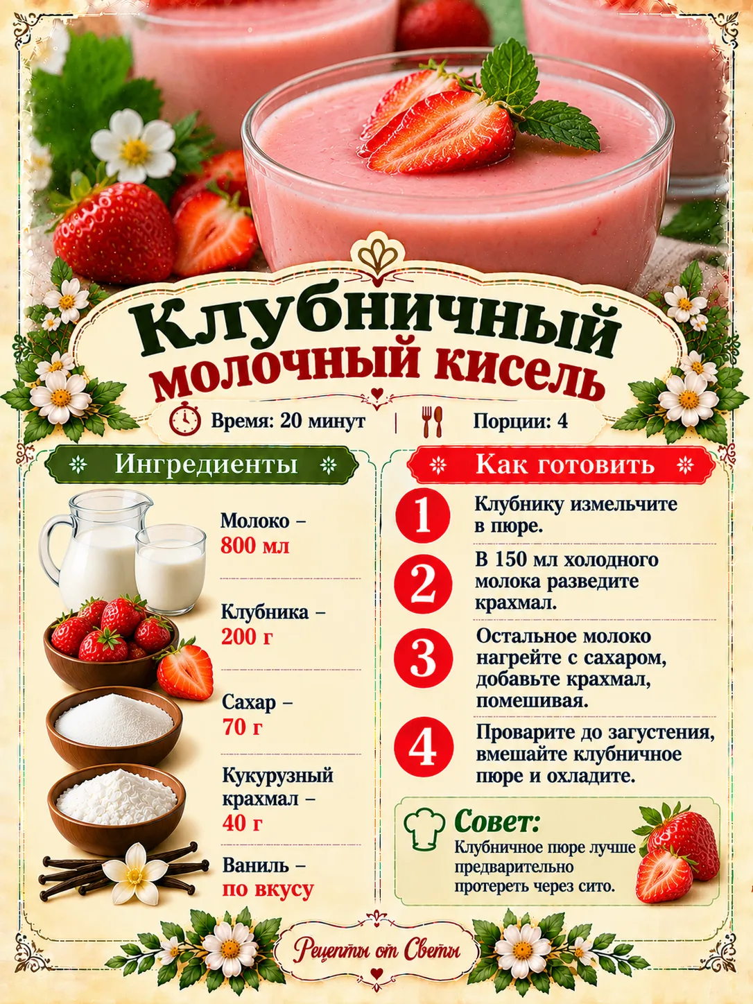🍓 Нежный клубничный молочный кисель, который хочется не пить, а смаковать ложечкой!