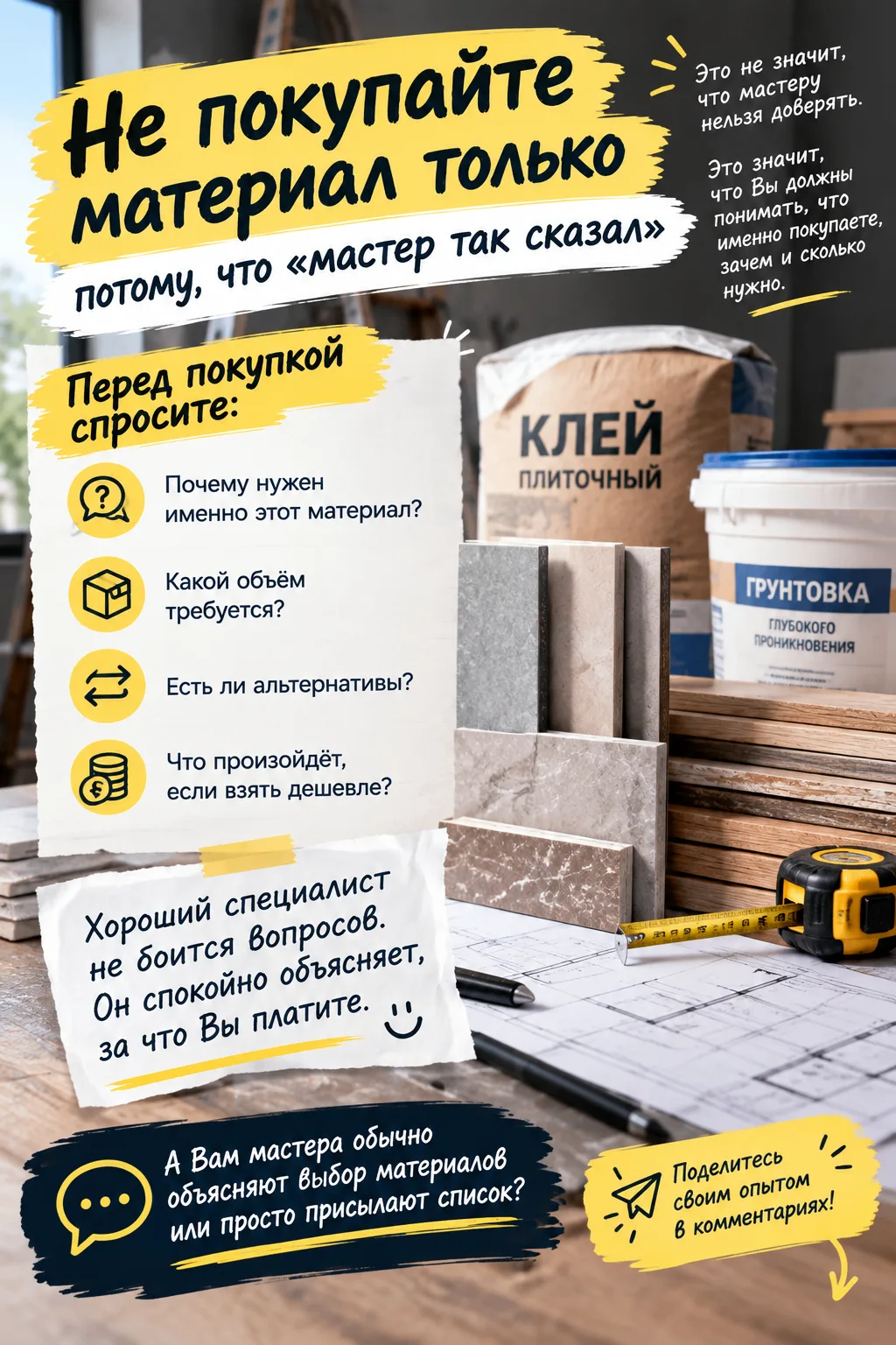"Не покупайте материал только потому, что «мастер так сказал".