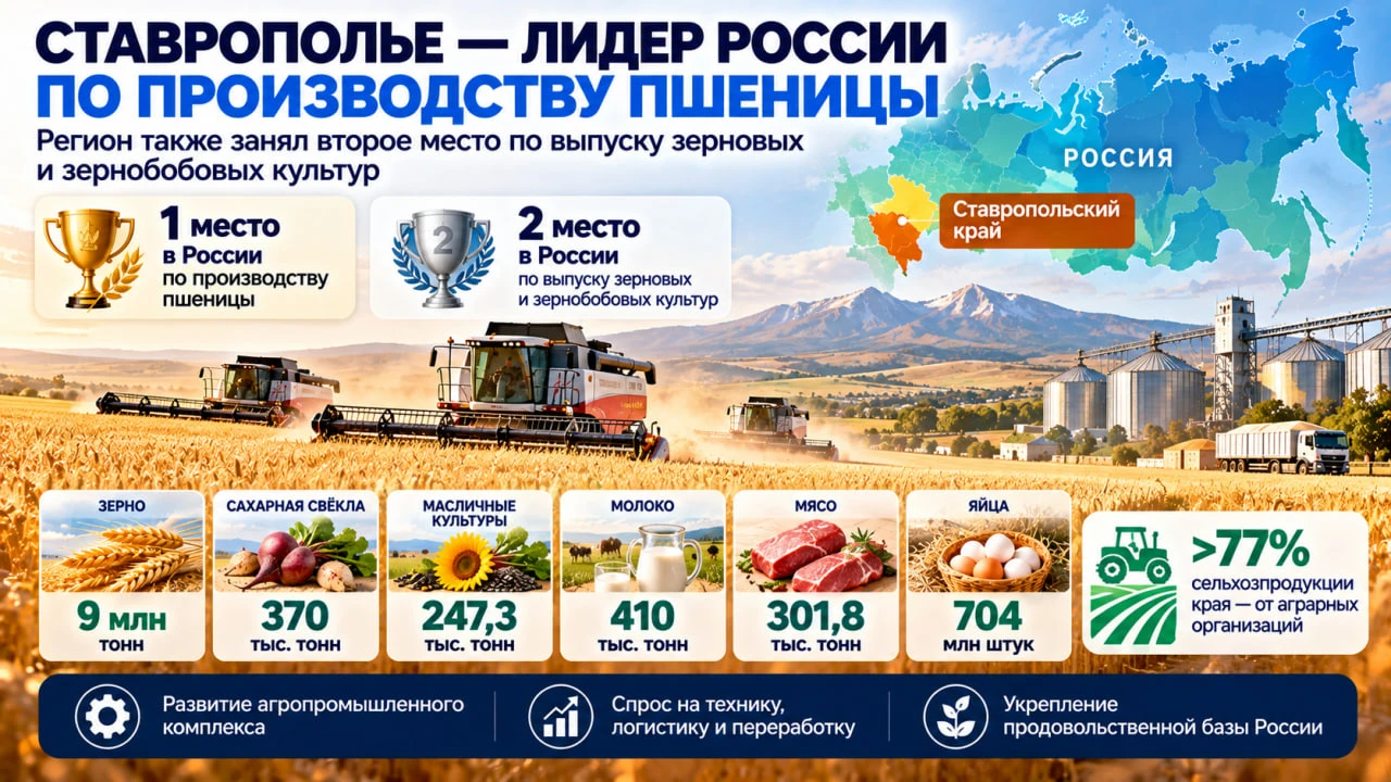 Ставрополье вышло на первое место по производству пшеницы, став одним из важнейших агра...