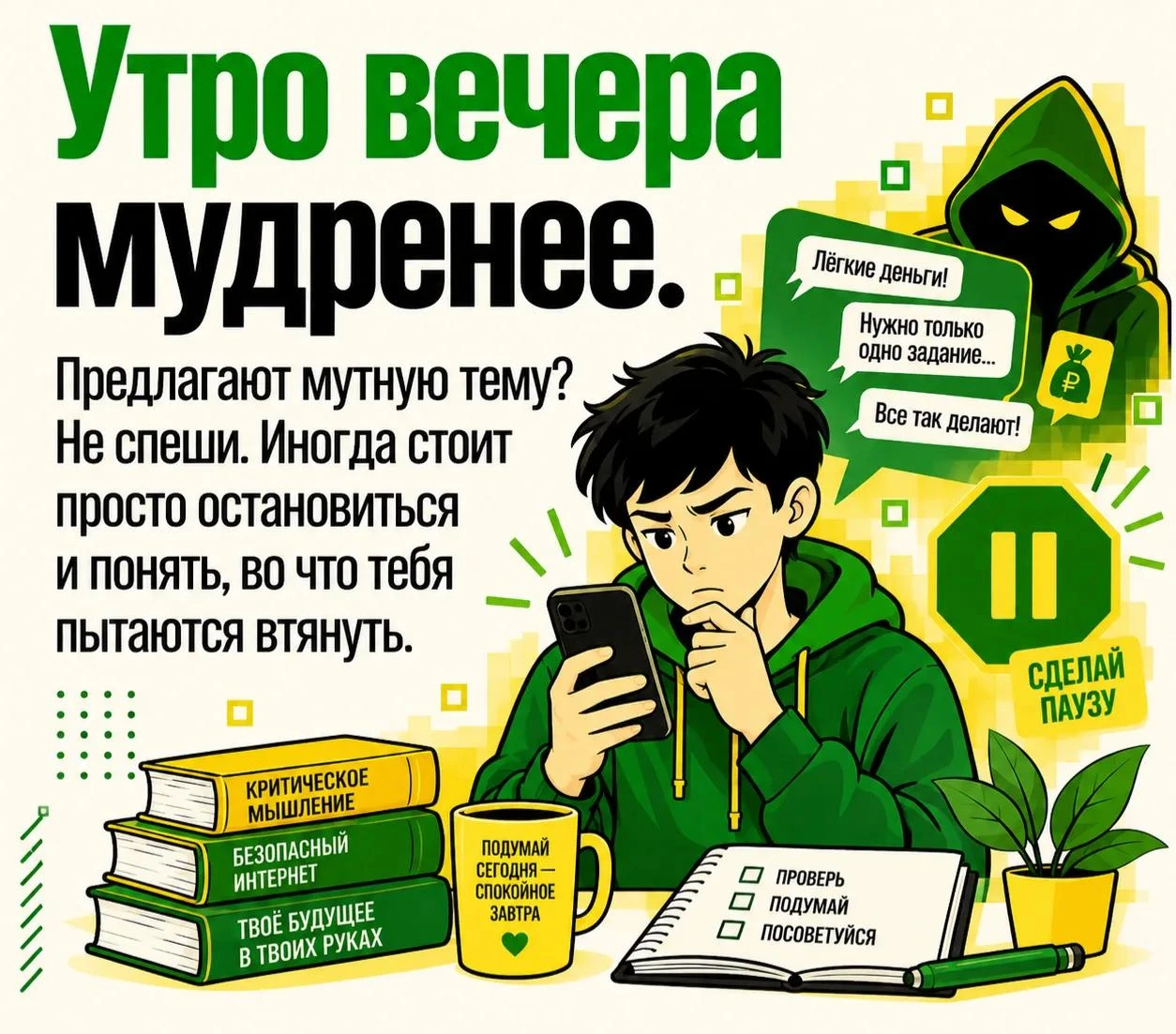 👮 Когда мошенники торопят, вспомните бабушкин завет: «Утро вечера мудренее». Простая н...