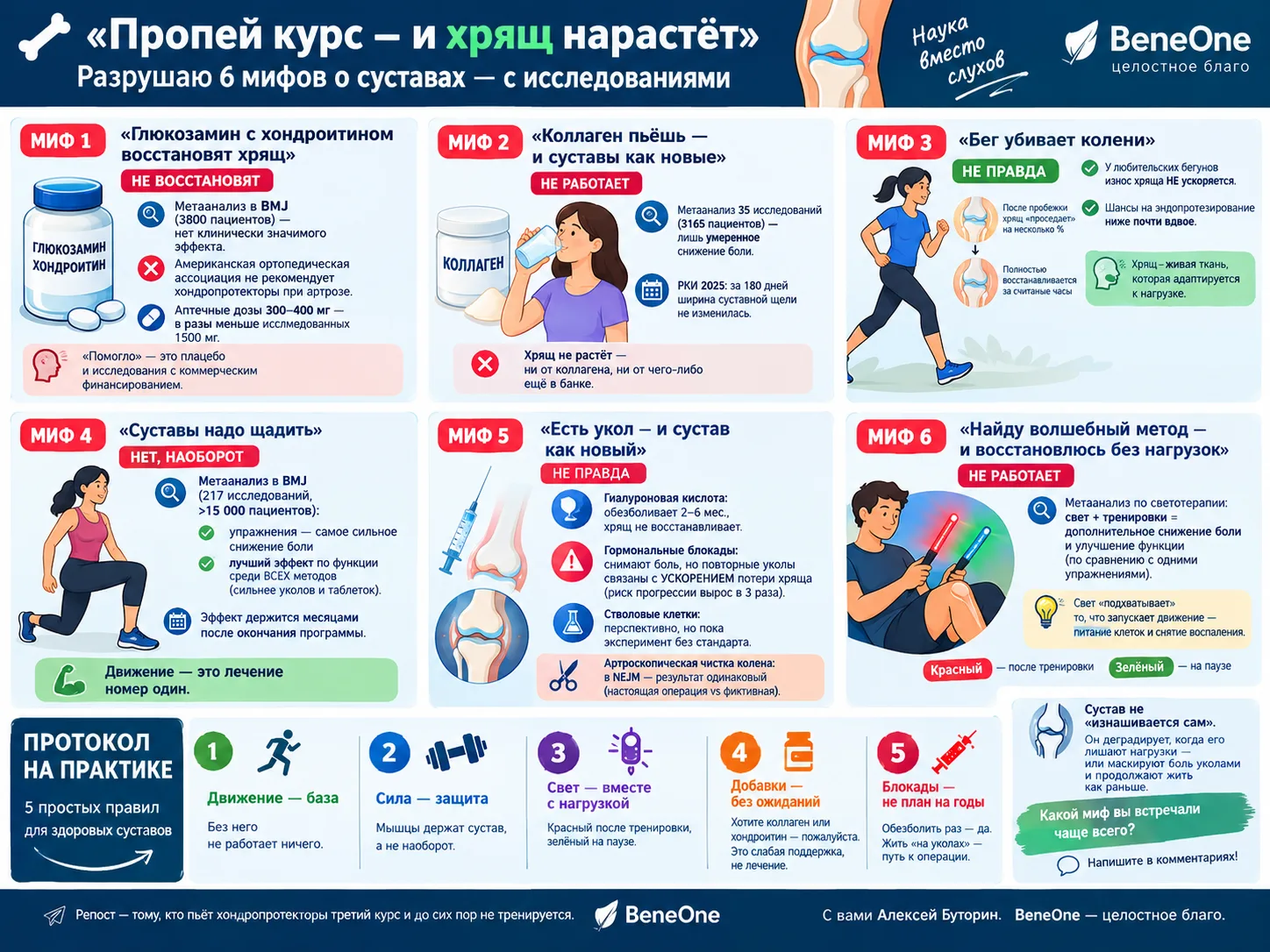 🦴 «Пропей курс — и хрящ нарастёт». Разрушаю 6 мифов о суставах — с исследованиями