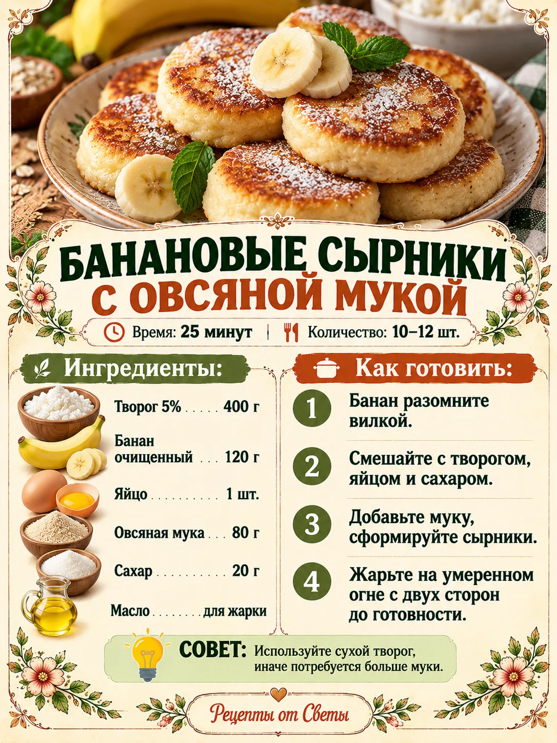 🍌 Банановые сырники с овсяной мукой, нежные и золотистые, с которыми утро начинается г...