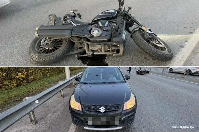 На Демском шоссе в Уфе мотоцикл столкнулся с попутной Suzuki