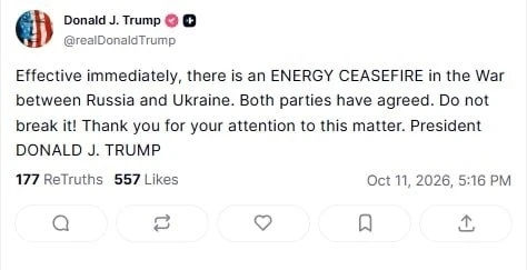 Трамп объявил о достижении энергетического перемирия между Россией и Украиной