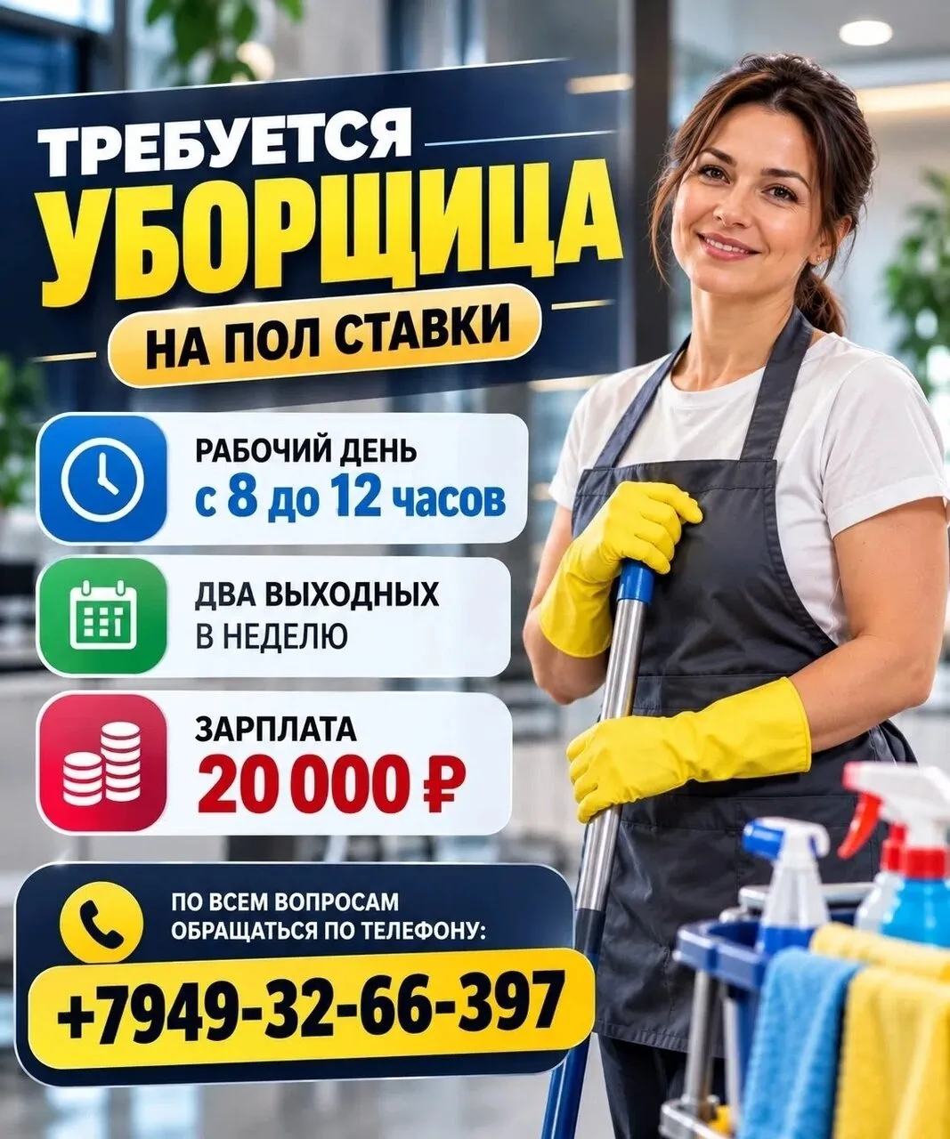 Требуется уборщица на полставки, график с 8 до 12 часов, два выходных в неделю, зарплат...