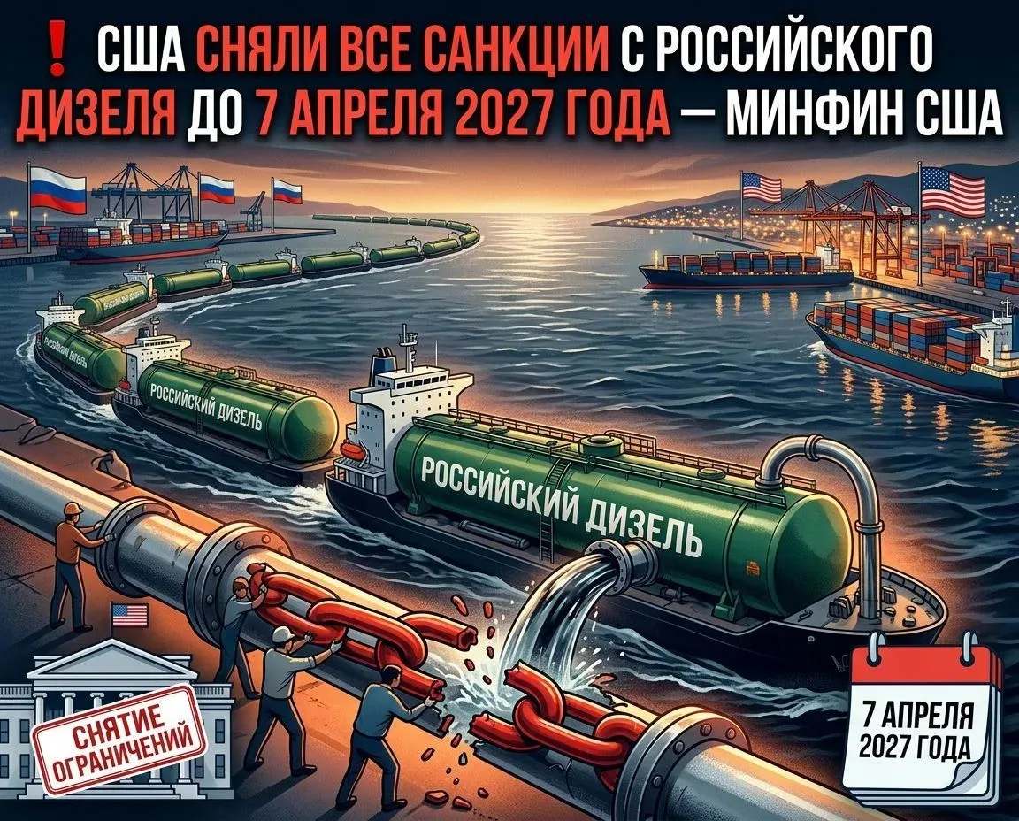 ❗️США сняли все санкции с российского дизеля до 7 апреля 2027 года — Минфин США.
